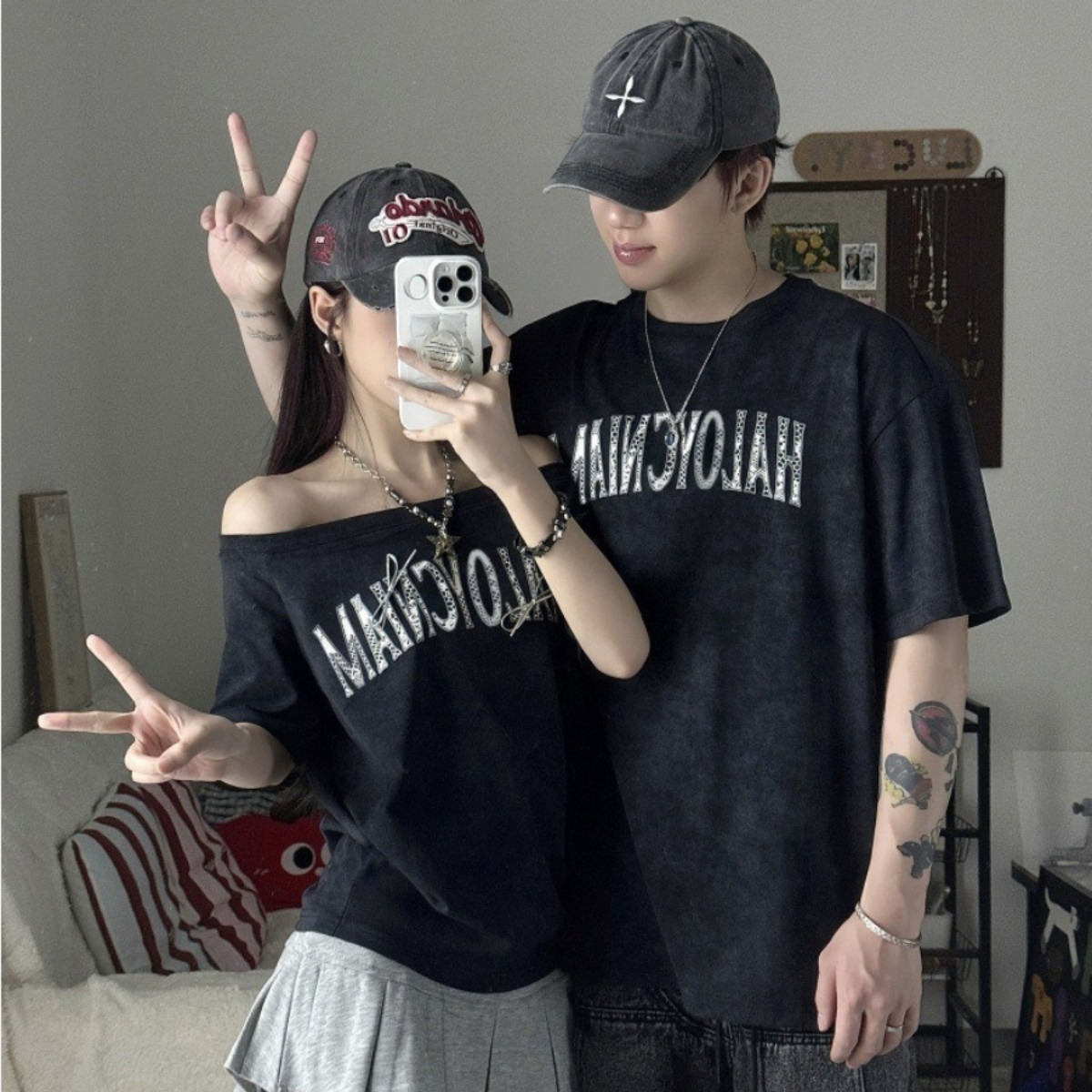 カップルペアルック ヴィンテージムード オフショル×ゆるシルエットTシャツ